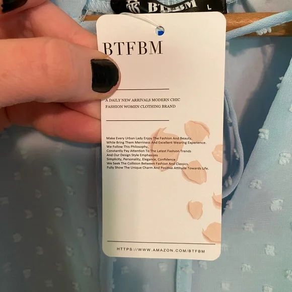 NWT BTFBM Women Casual light blue Dress V Neck Tie Neck Long Sleeve Dot Ruffle - Picture 4 of 7